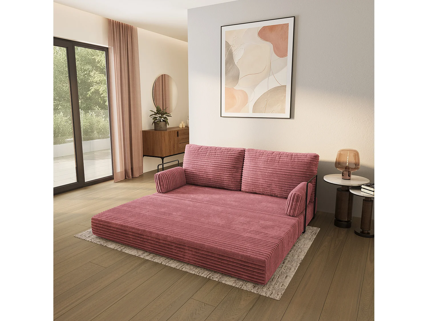 Canapé compressé SILAR avec cadre métallique, Velours côtelé TILIA, Rose poudré
