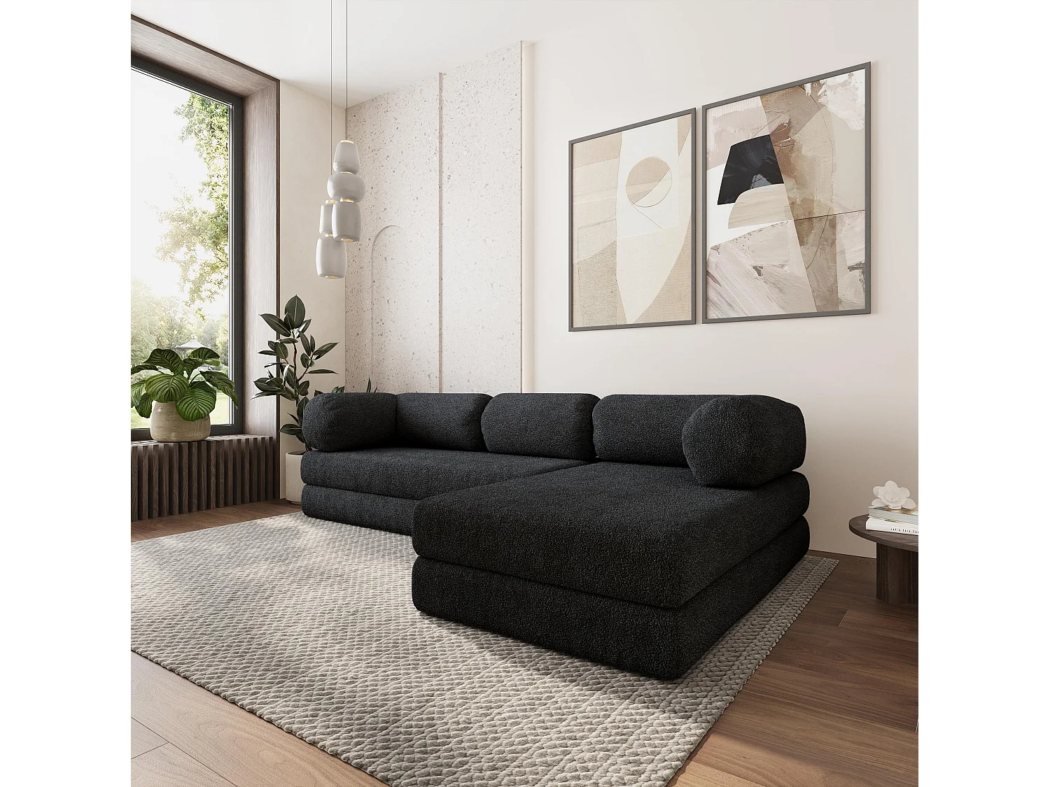 Canapé convertible compressé KELI, sans cadre métallique, bouclé Noir