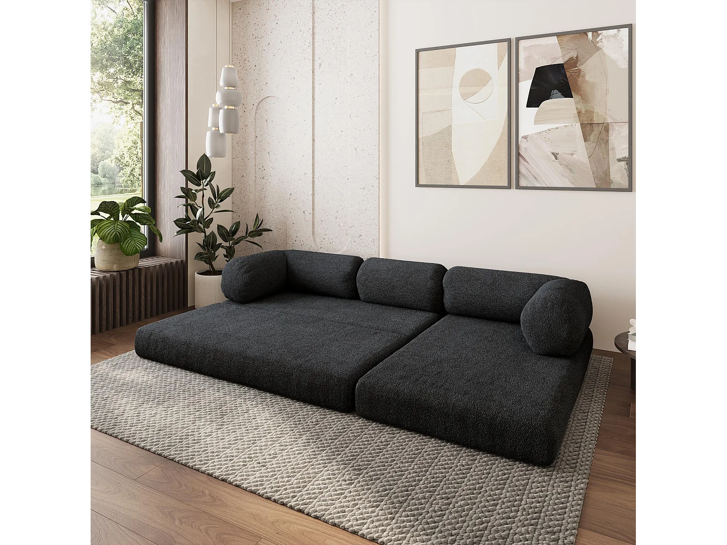 Canapé convertible compressé KELI, sans cadre métallique, bouclé Noir