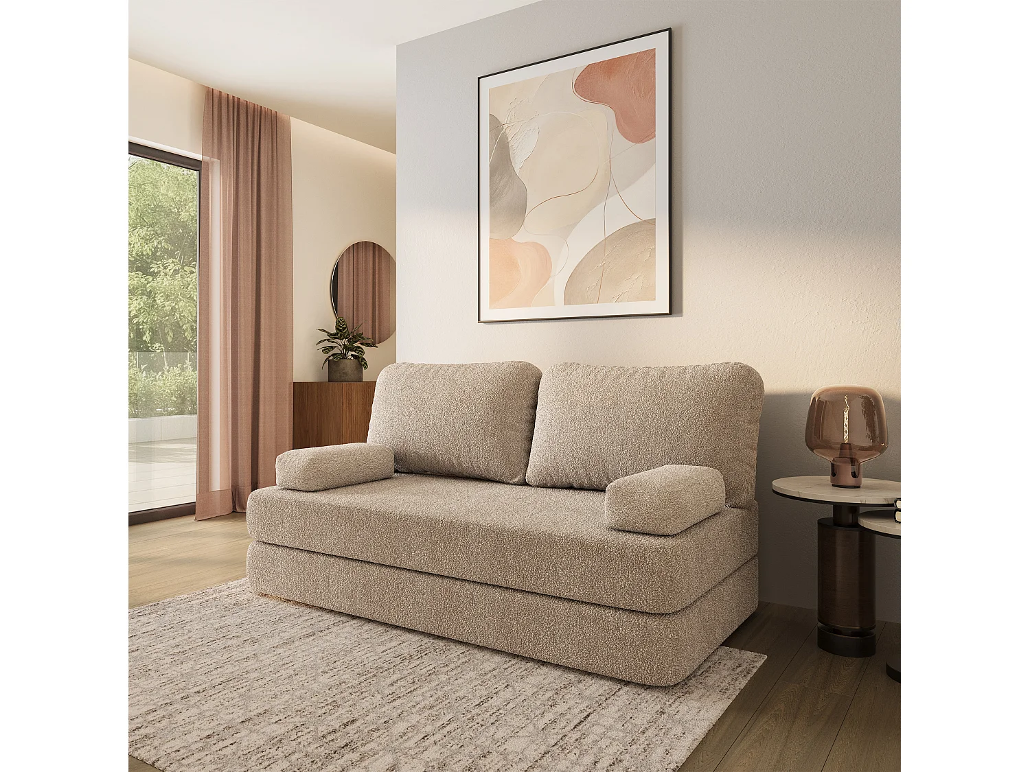 Canapé compressé NIKSI sans cadre métallique, Tissu bouclé, Beige