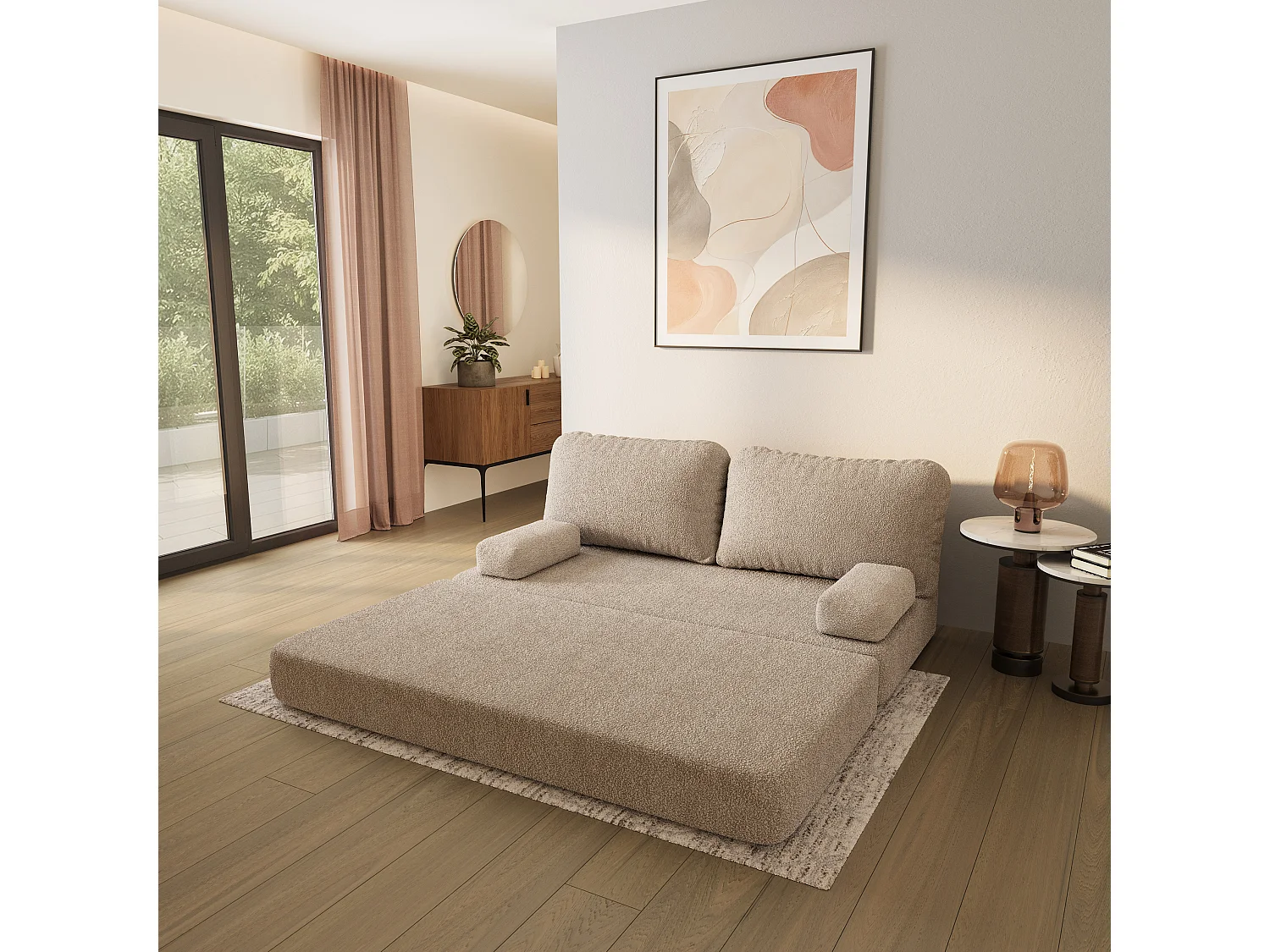Canapé compressé NIKSI sans cadre métallique, Tissu bouclé, Beige
