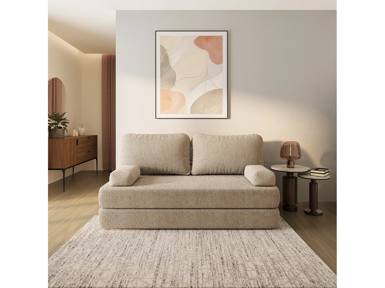 Canapé compressé NIKSI sans cadre métallique, Tissu bouclé, Beige