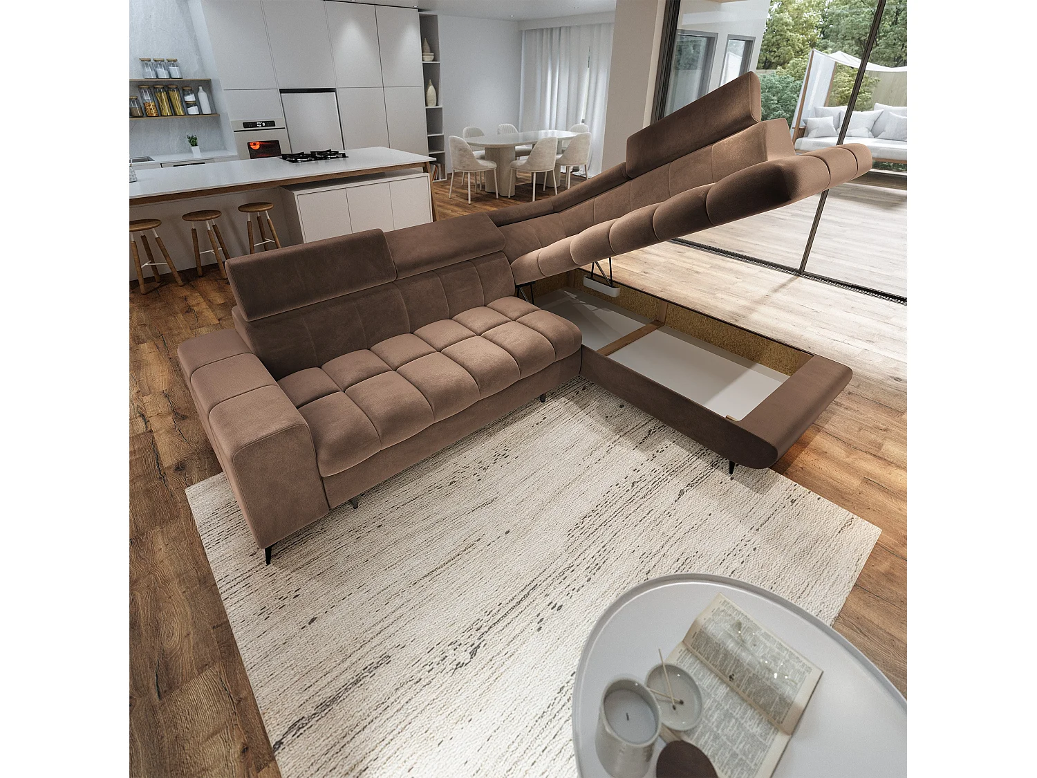 Hoekbank MORIVA, met slaapfunctie, Veloursstof Beige