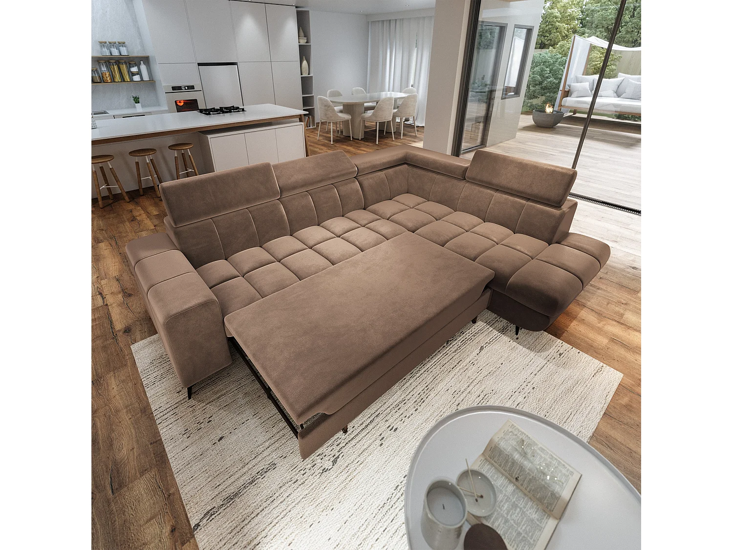 Hoekbank MORIVA, met slaapfunctie, Veloursstof Beige