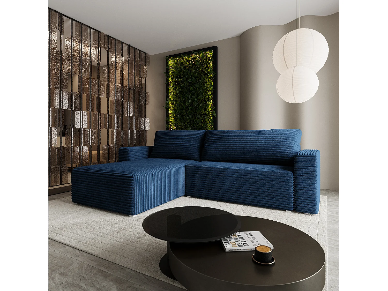 Hoekbank CALTI, met slaapfunctie, Cordstof Blauw