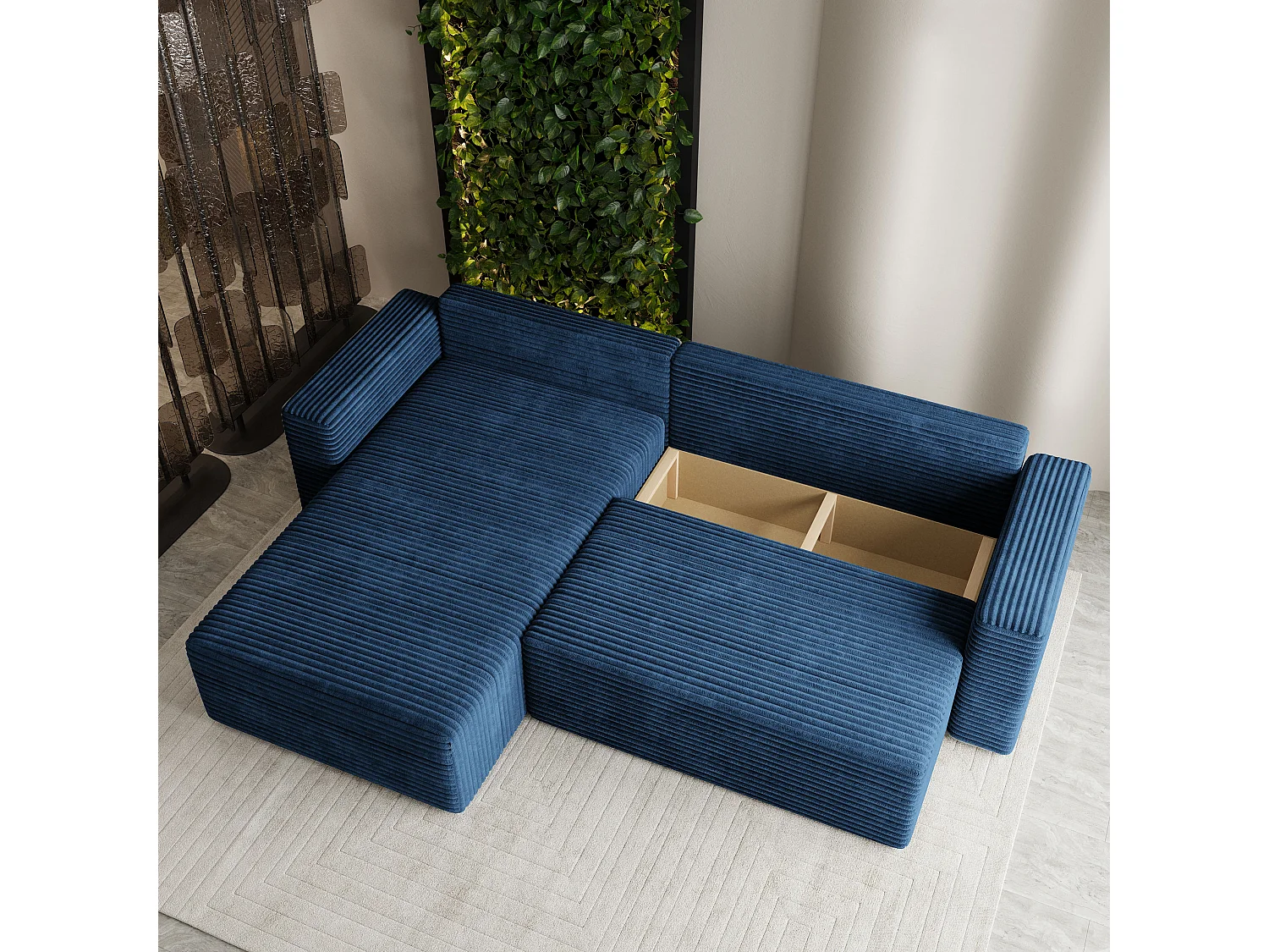Hoekbank CALTI, met slaapfunctie, Cordstof Blauw