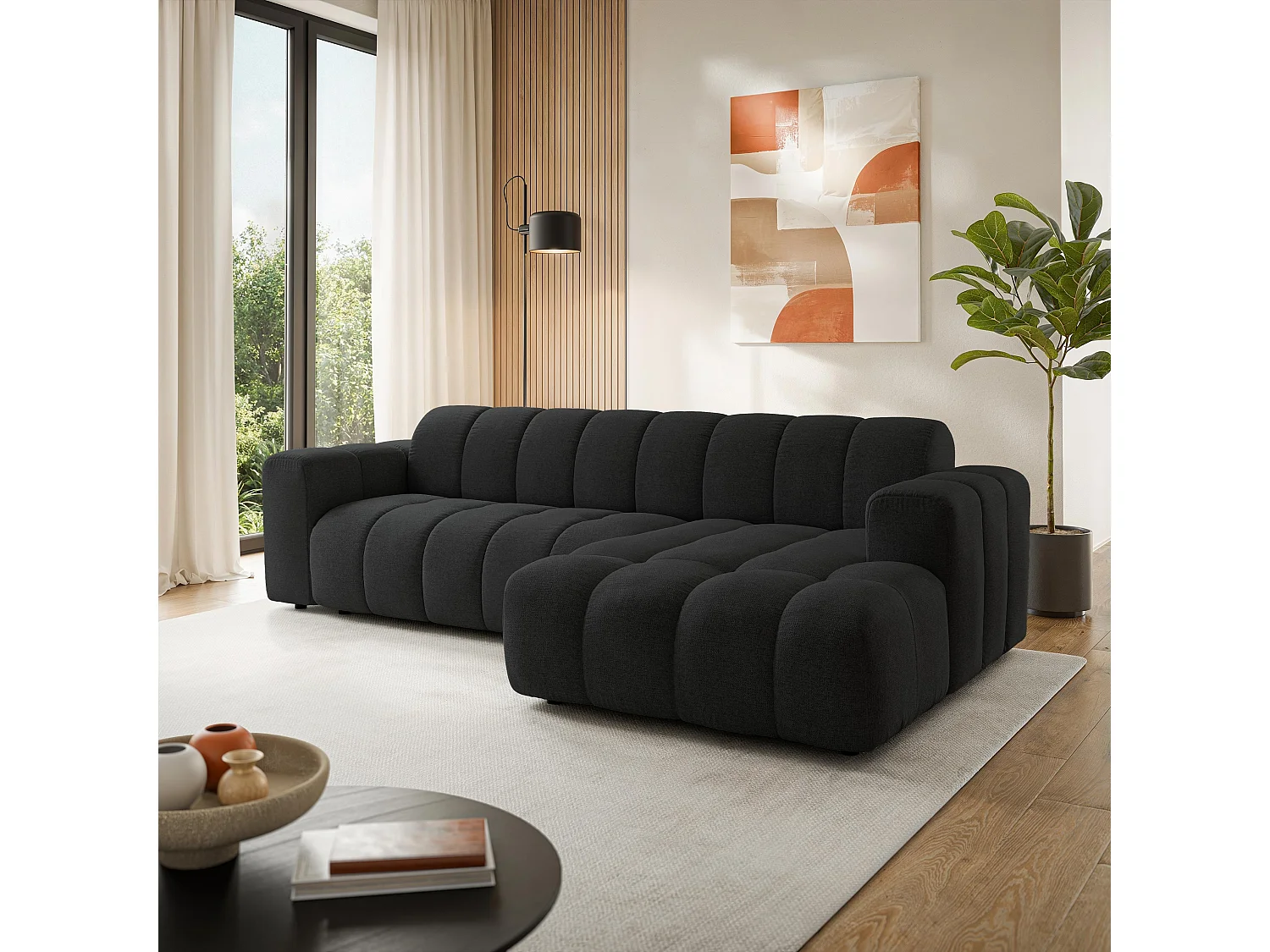 Canapé d'angle SETIA, Tissu structuré, Noir