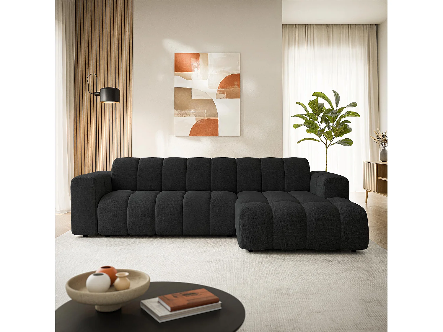 Canapé d'angle SETIA, Tissu structuré, Noir