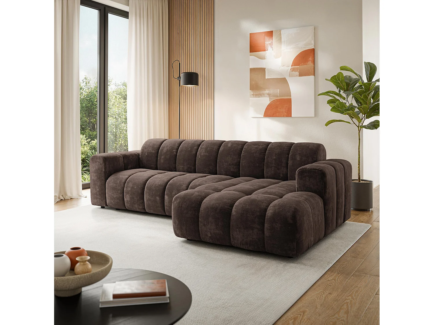 Canapé d'angle SETIA, Tissu chenille, Marron