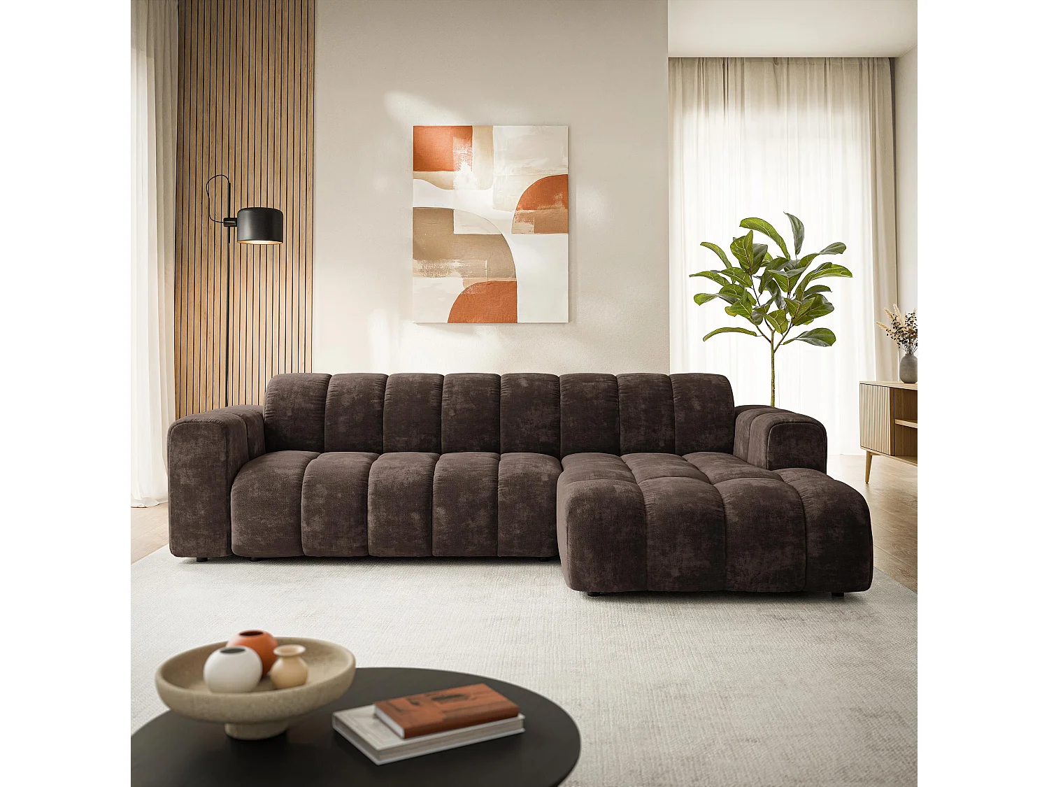 Canapé d'angle SETIA, Tissu chenille, Marron