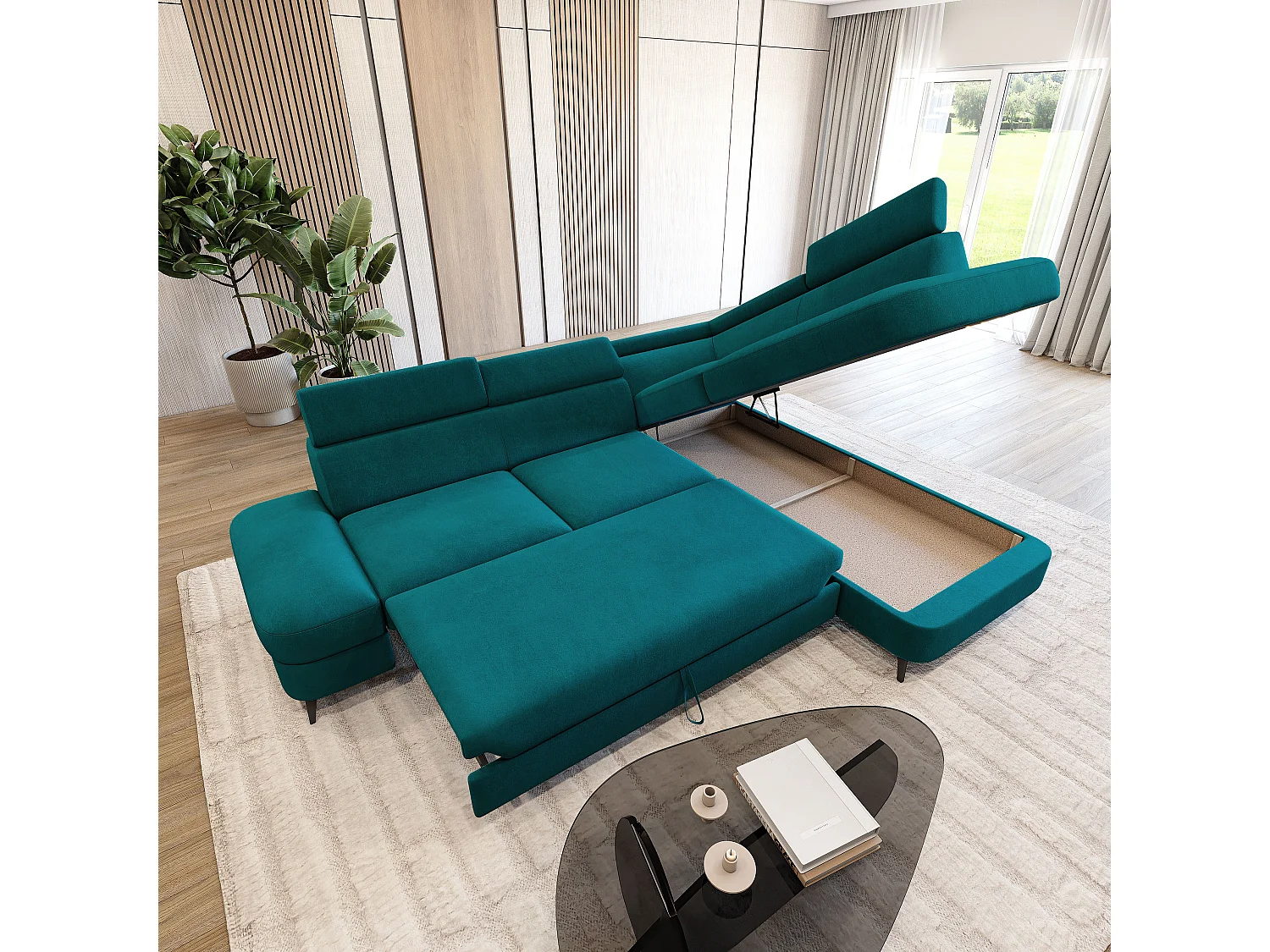 Hoekbank AVISE, met slaapfunctie, Veloursstof Blauw
