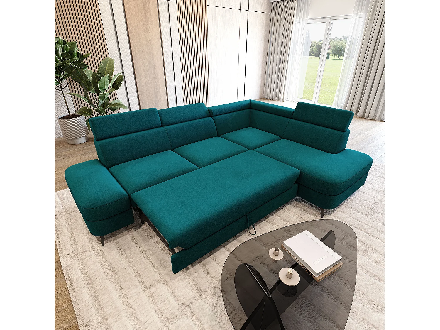 Hoekbank AVISE, met slaapfunctie, Veloursstof Blauw