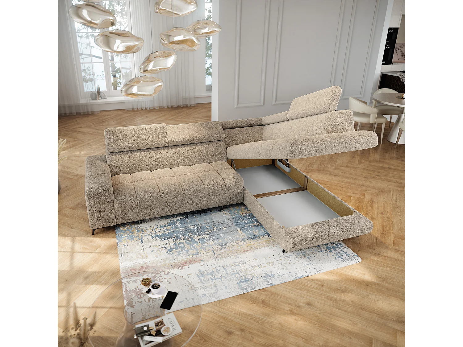 Hoekbank MORIVA, met slaapfunctie, Boucléstof Beige