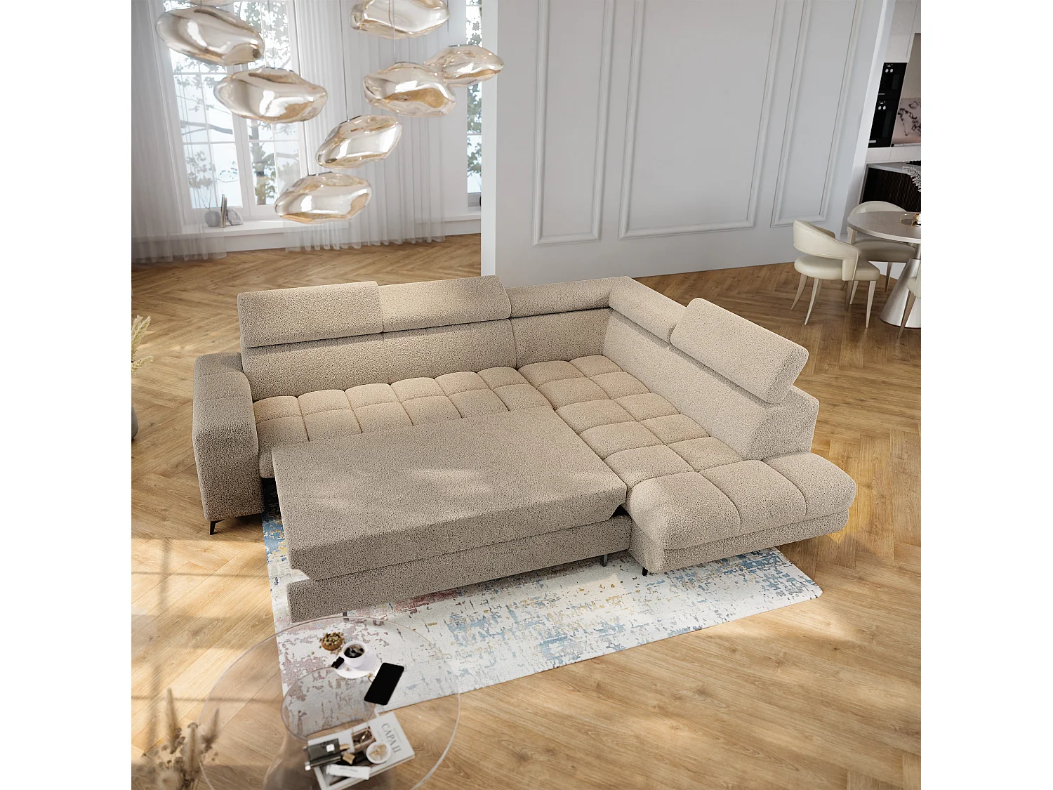 Hoekbank MORIVA, met slaapfunctie, Boucléstof Beige
