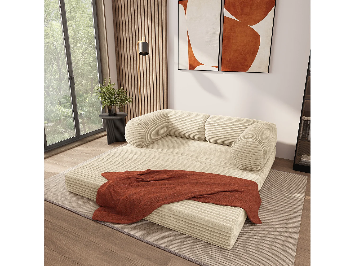 Canapé compressé ALVIO sans cadre métallique, Velours côtelé TILIA, Crème