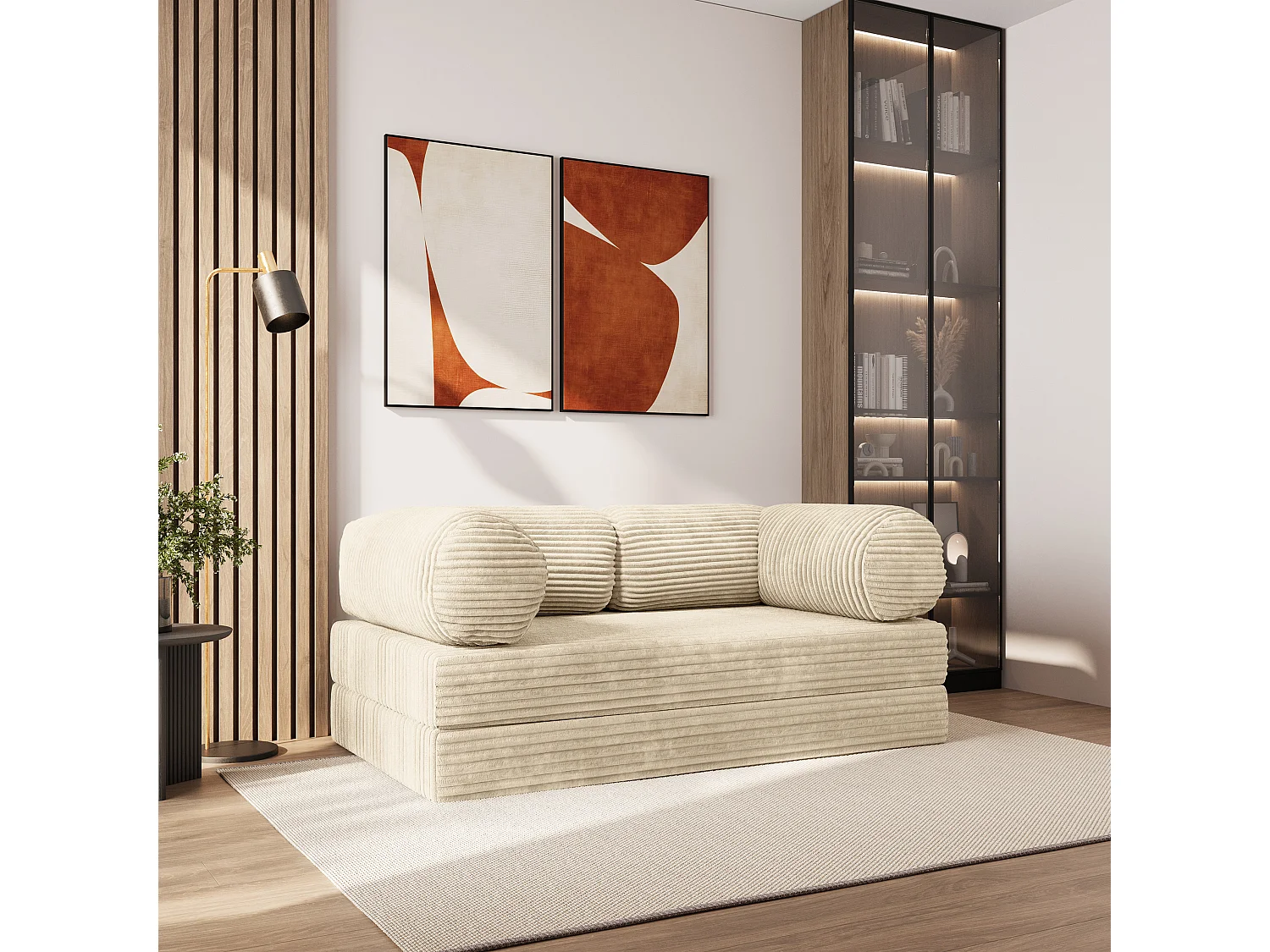 Canapé compressé ALVIO sans cadre métallique, Velours côtelé TILIA, Crème