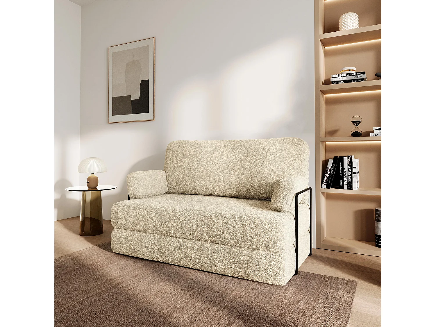 Canapé compressé KESTE avec cadre métallique, Tissu bouclé, Crème