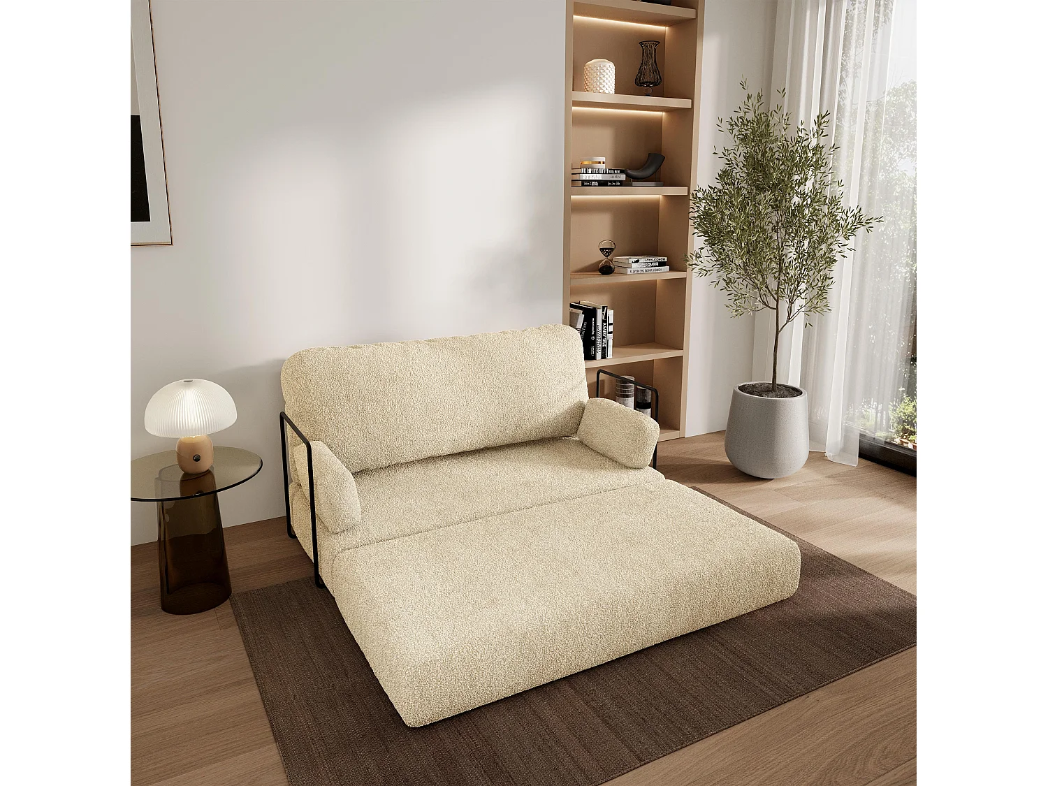 Canapé compressé KESTE avec cadre métallique, Tissu bouclé, Crème