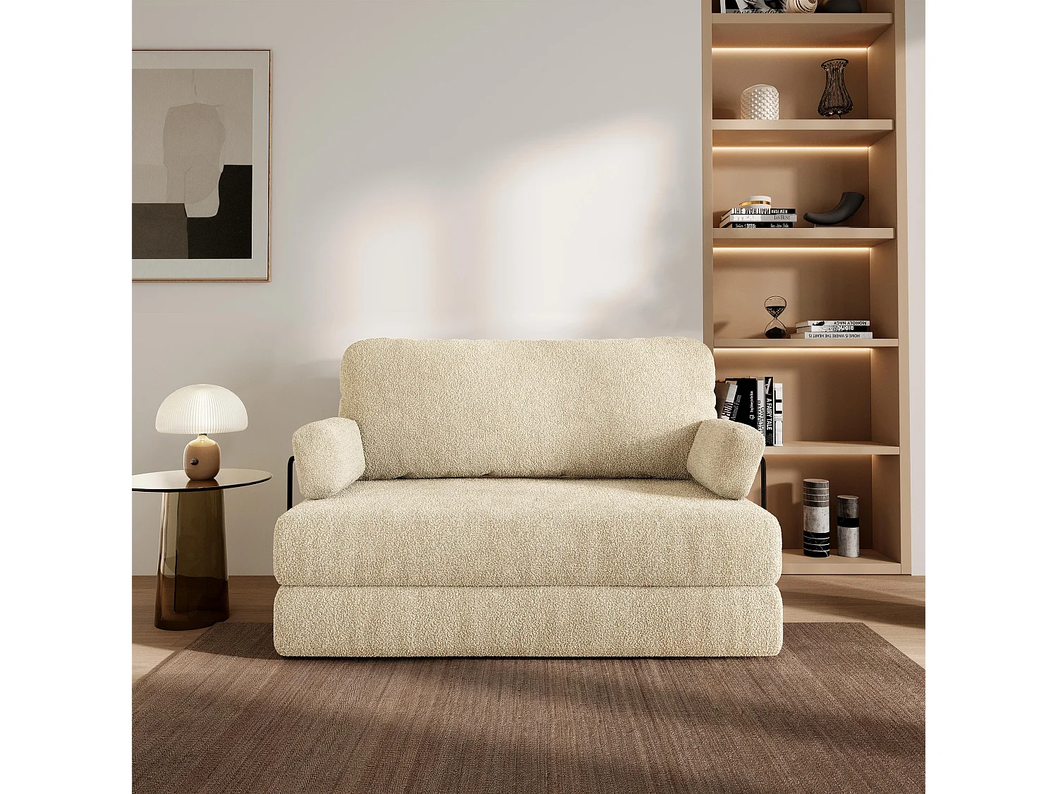 Canapé compressé KESTE avec cadre métallique, Tissu bouclé, Crème