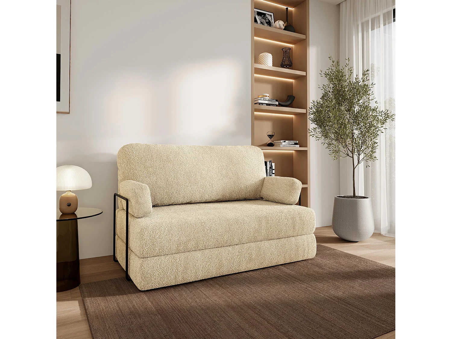 Canapé compressé KESTE avec cadre métallique, Tissu bouclé, Crème