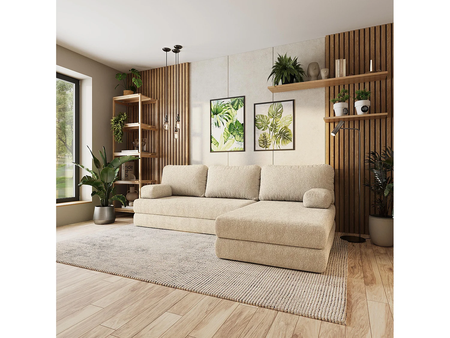 Canapé convertible compressé LEA, sans cadre métallique, bouclé Crème