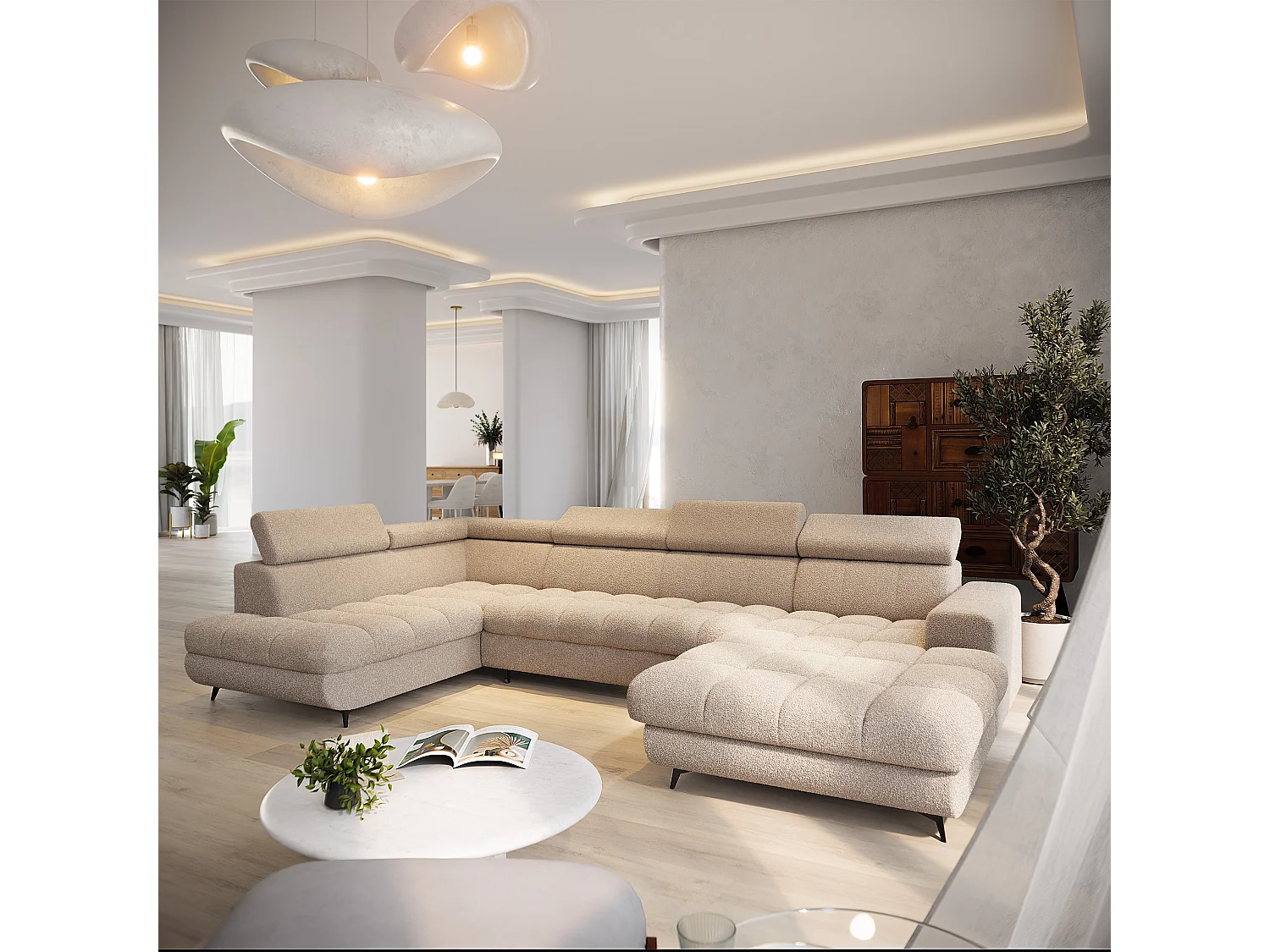 Hoekbank CORENO, met slaapfunctie, Boucléstof Beige