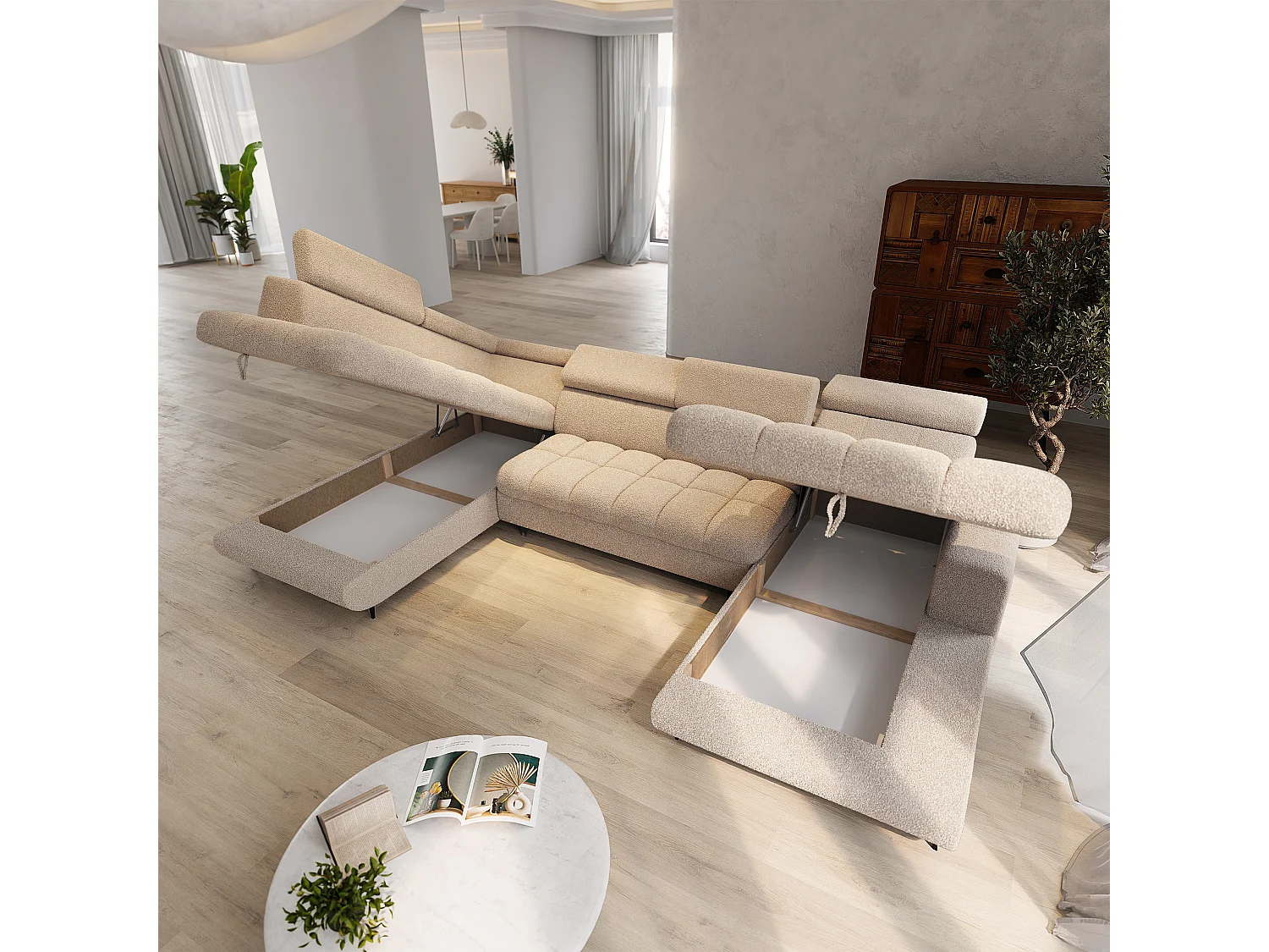 Hoekbank CORENO, met slaapfunctie, Boucléstof Beige