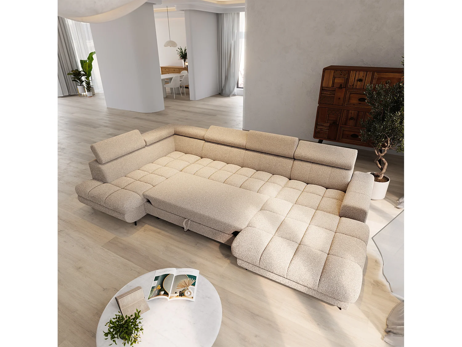 Hoekbank CORENO, met slaapfunctie, Boucléstof Beige