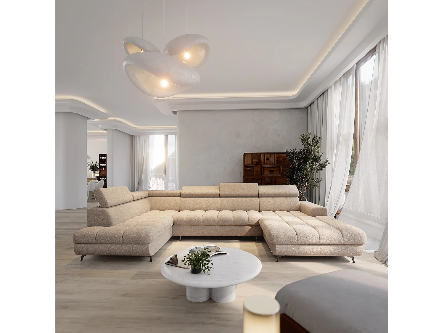 Hoekbank CORENO, met slaapfunctie, Boucléstof Beige