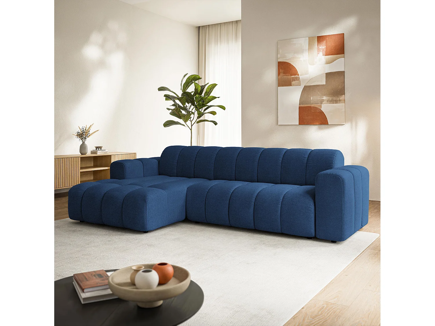 Canapé d'angle SETIA, Tissu structuré, Bleu