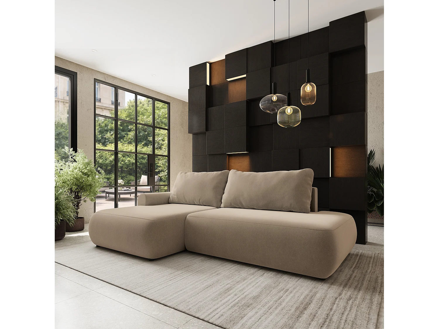 Hoekbank NUVIRA, met slaapfunctie, Fluweelstof Beige