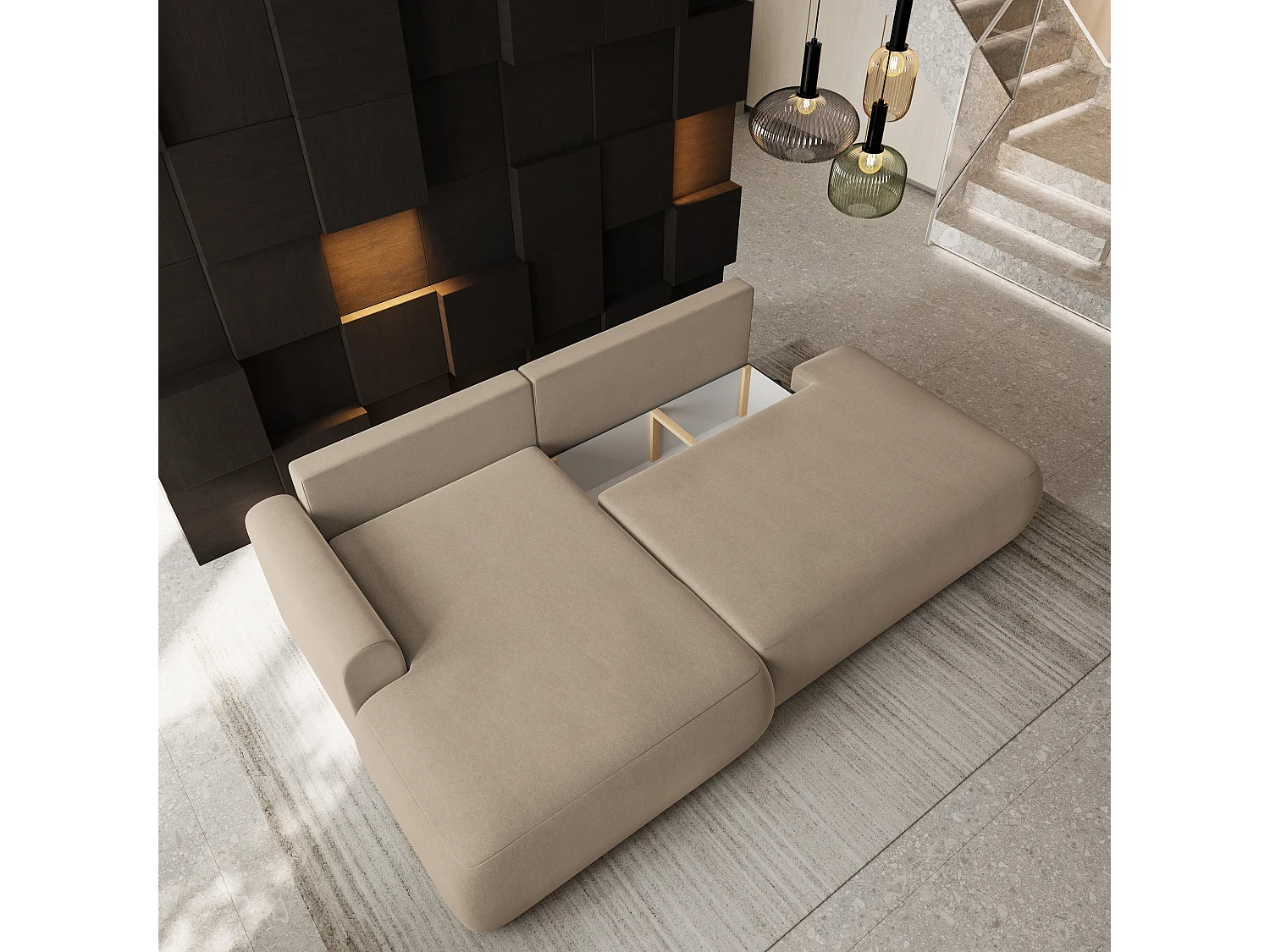 Hoekbank NUVIRA, met slaapfunctie, Fluweelstof Beige