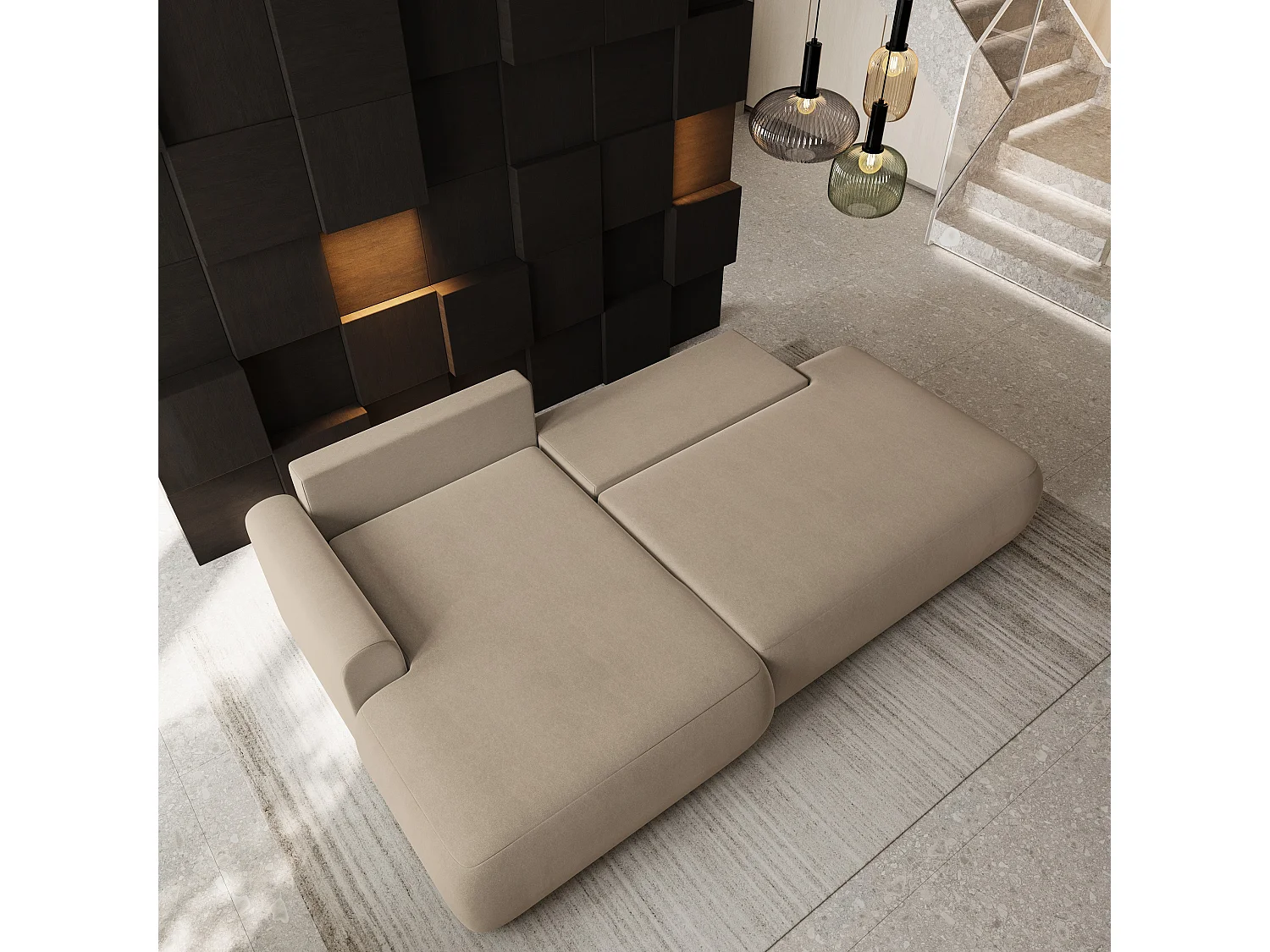Hoekbank NUVIRA, met slaapfunctie, Fluweelstof Beige