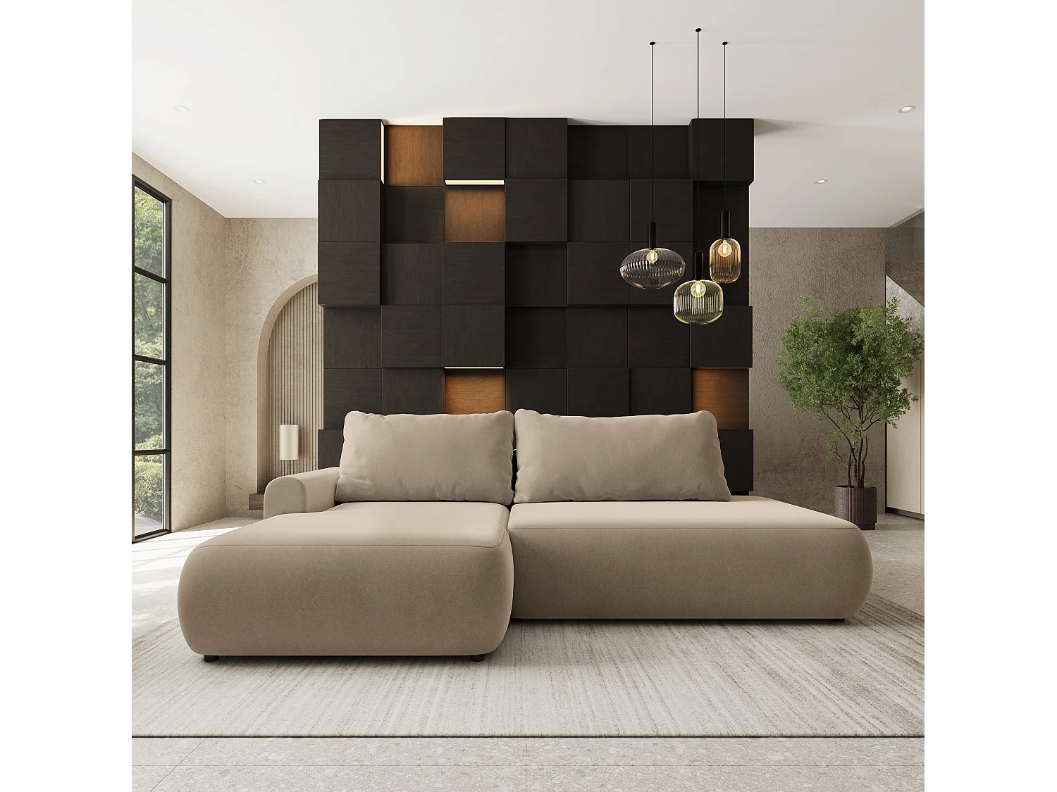 Hoekbank NUVIRA, met slaapfunctie, Fluweelstof Beige