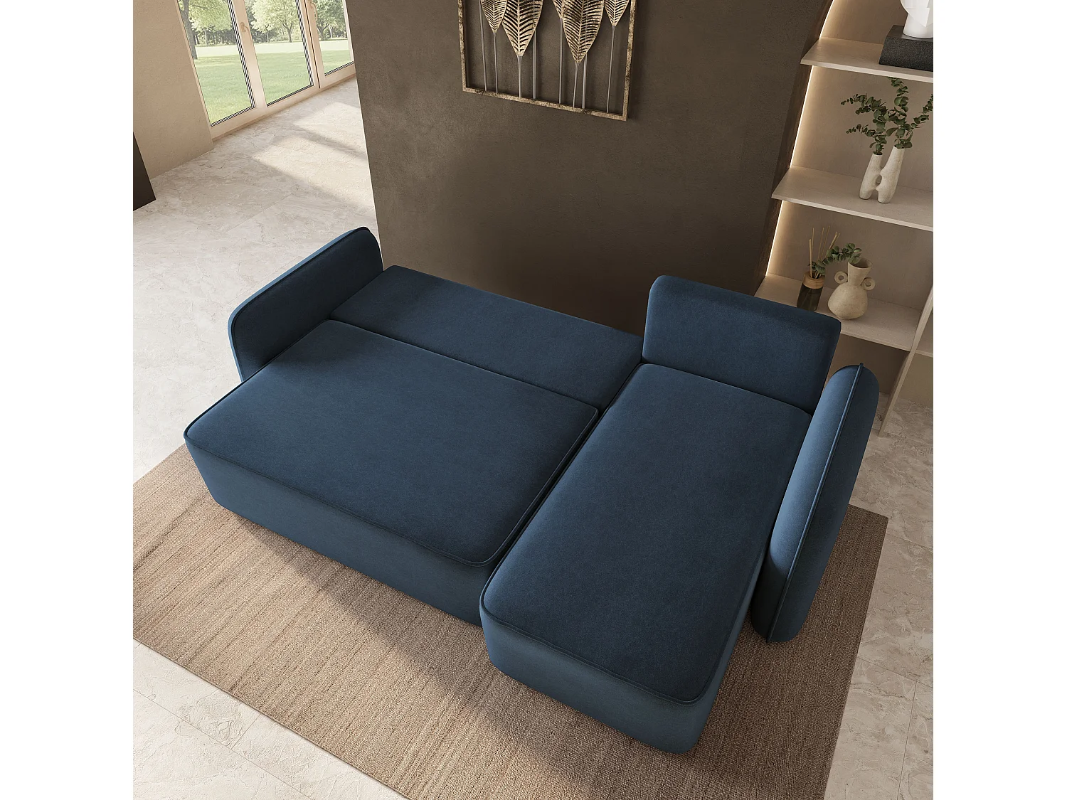Hoekbank DOLVER, met slaapfunctie, Fluweelstof Blauw