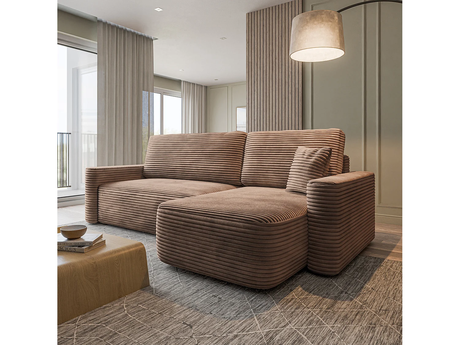 Hoekbank NERI, met slaapfunctie, Cordstof Beige