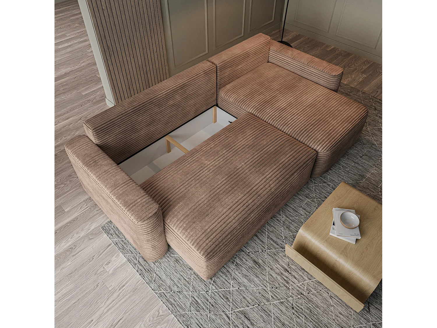 Hoekbank NERI, met slaapfunctie, Cordstof Beige