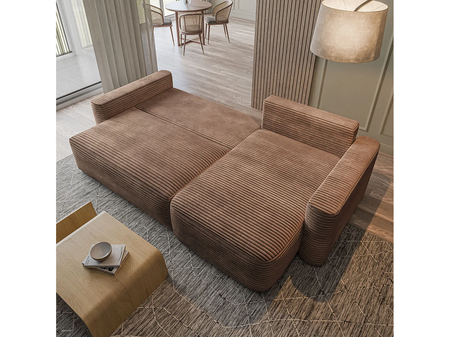 Hoekbank NERI, met slaapfunctie, Cordstof Beige