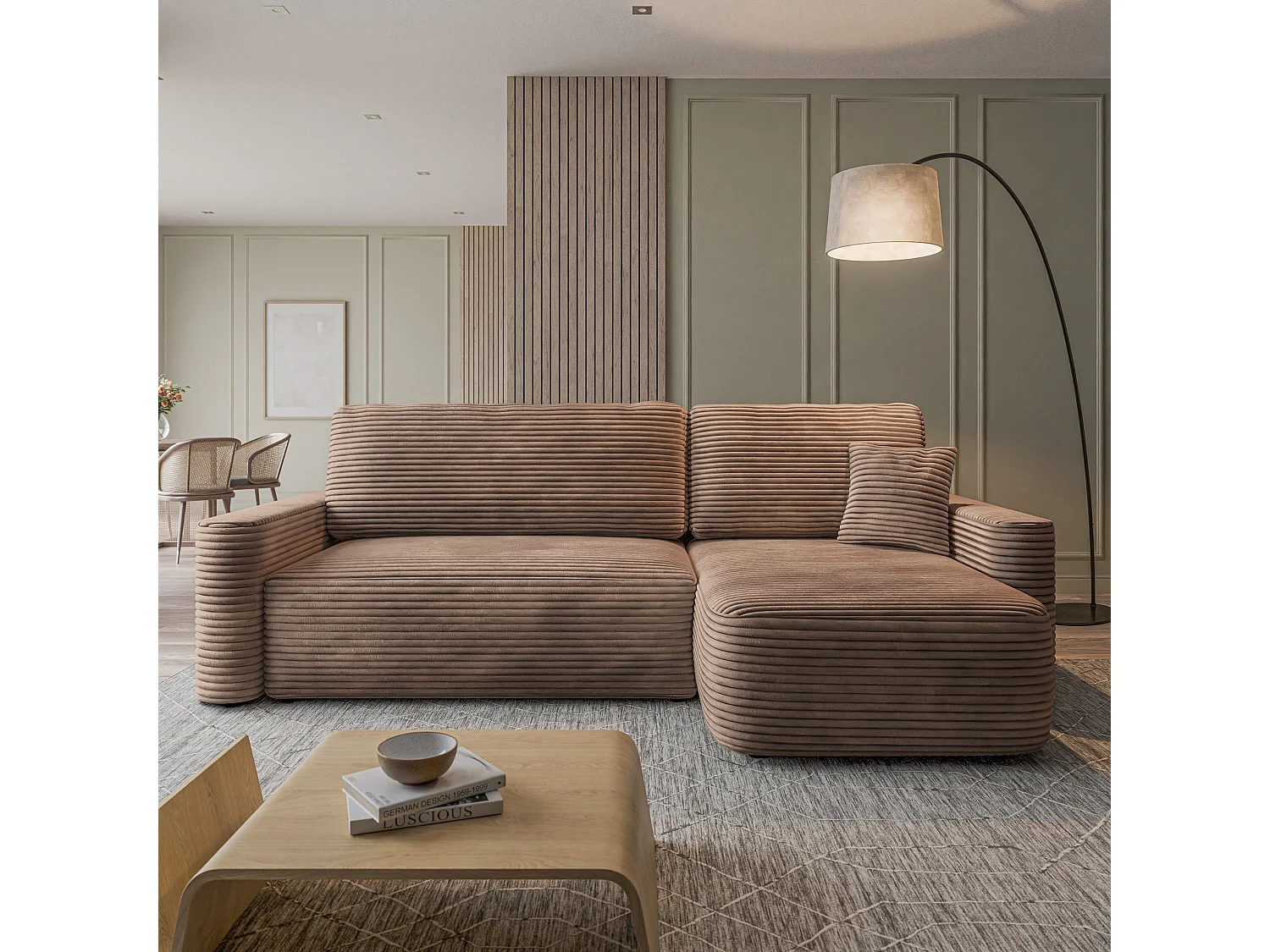 Hoekbank NERI, met slaapfunctie, Cordstof Beige