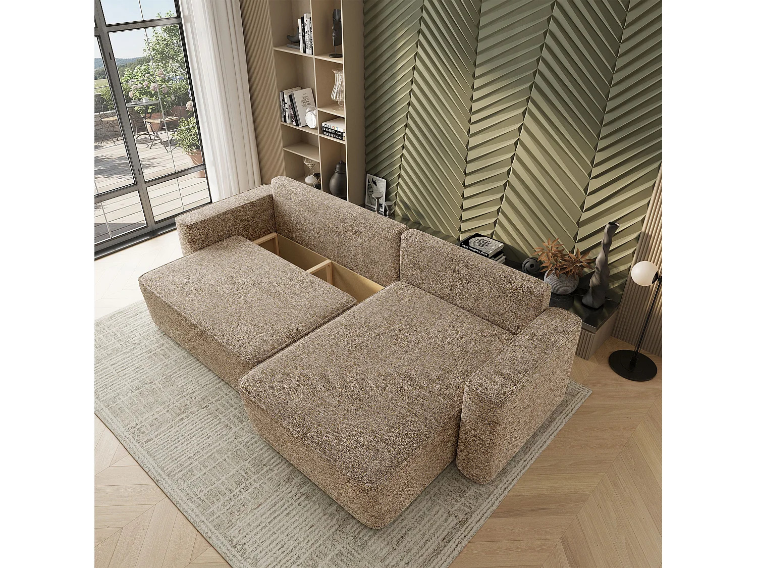 Hoekbank BELARO, met slaapfunctie, Chenille Beige