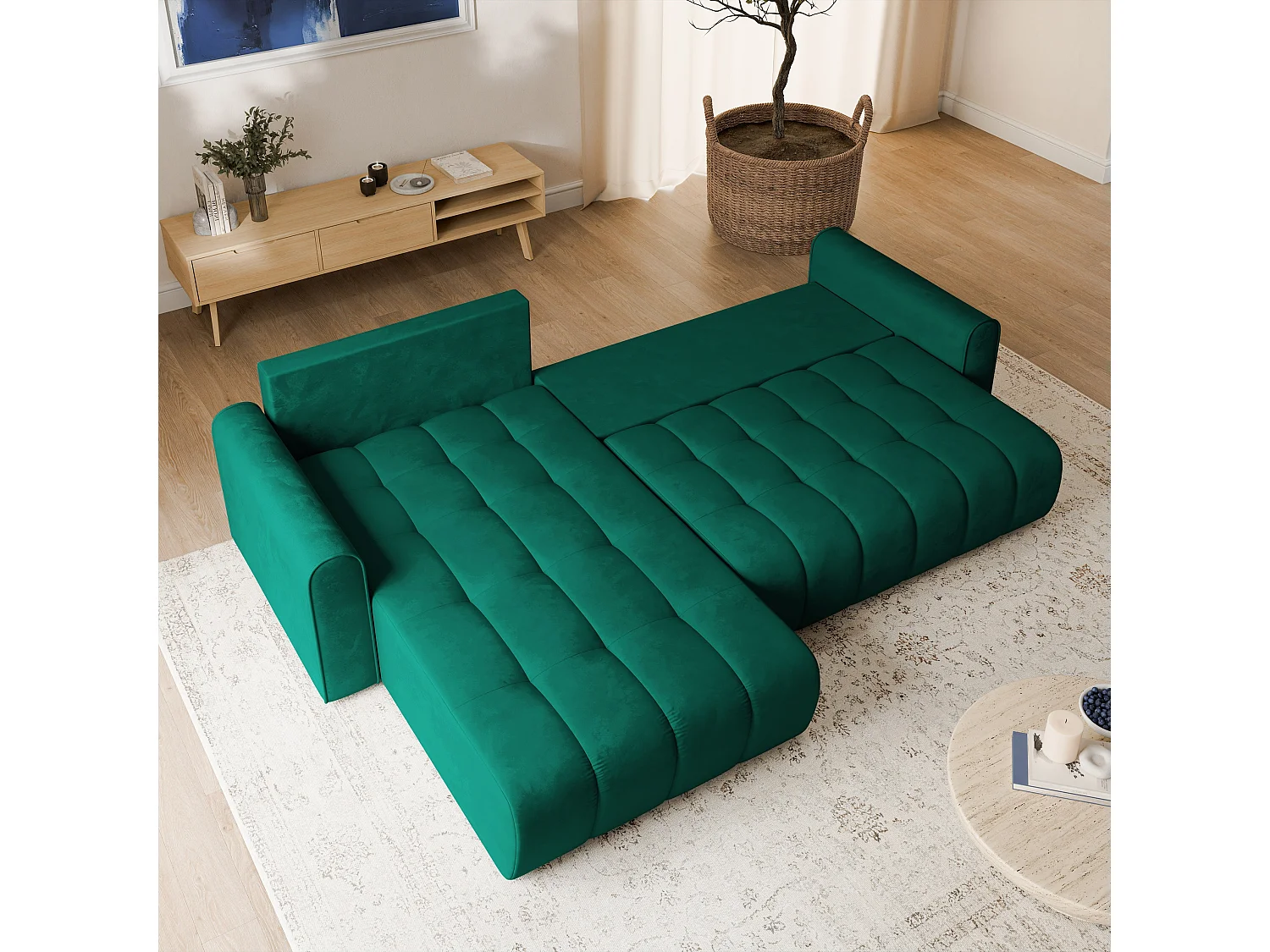 Hoekbank FRIGA, met slaapfunctie, Veloursstof Groen