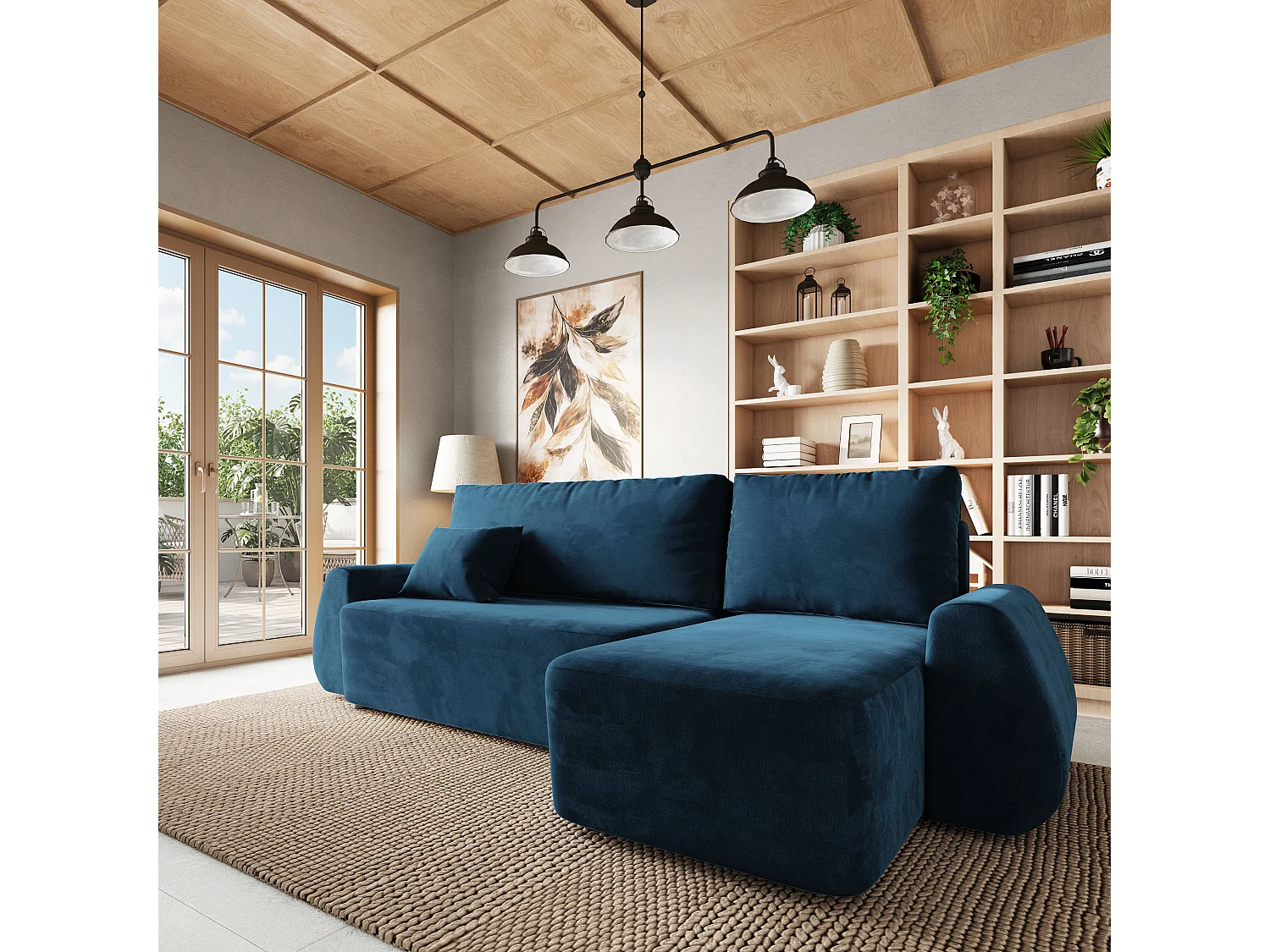 Hoekbank GALVIS, met slaapfunctie, Veloursstof Blauw
