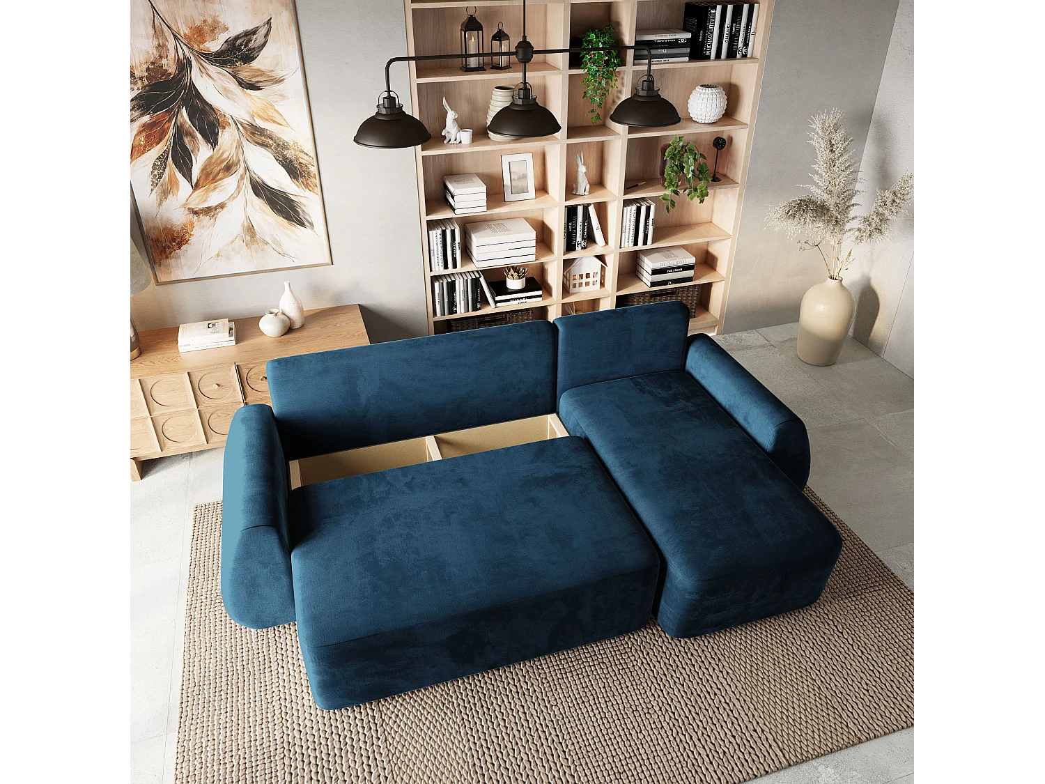 Hoekbank GALVIS, met slaapfunctie, Veloursstof Blauw