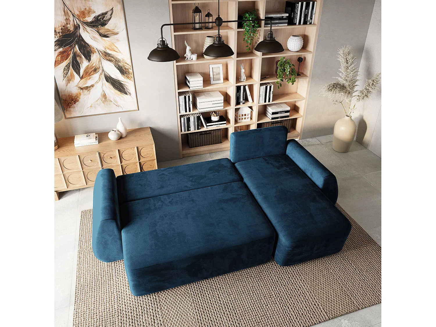 Hoekbank GALVIS, met slaapfunctie, Veloursstof Blauw