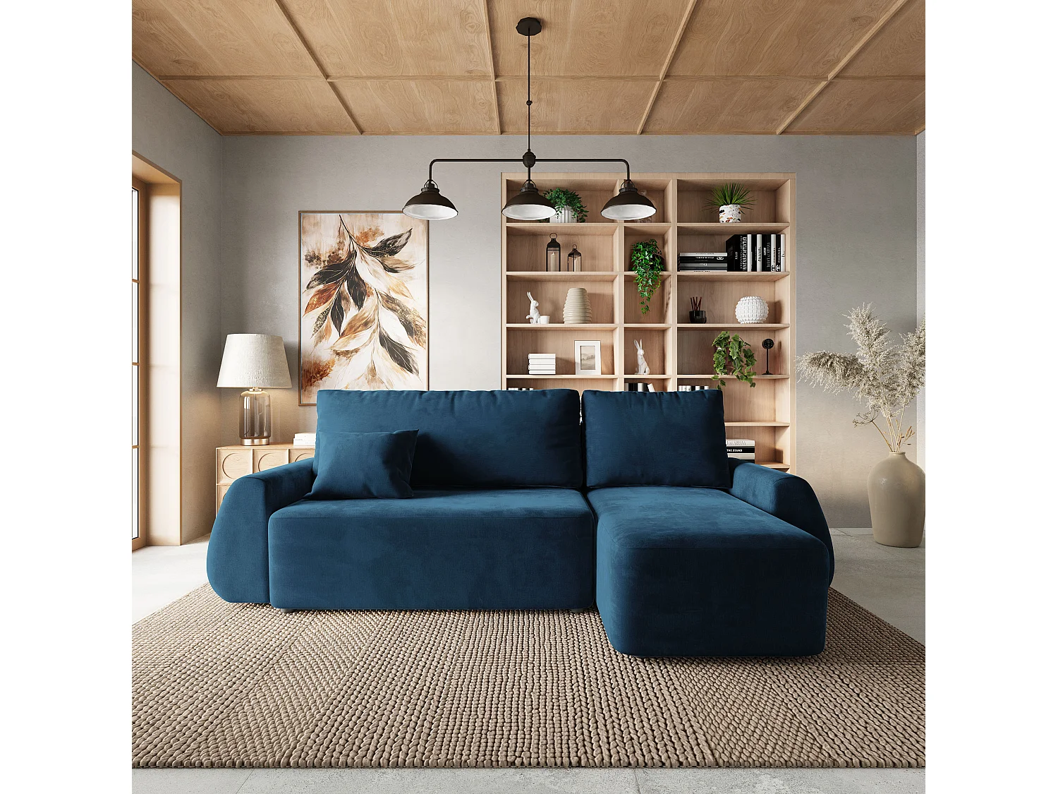 Hoekbank GALVIS, met slaapfunctie, Veloursstof Blauw