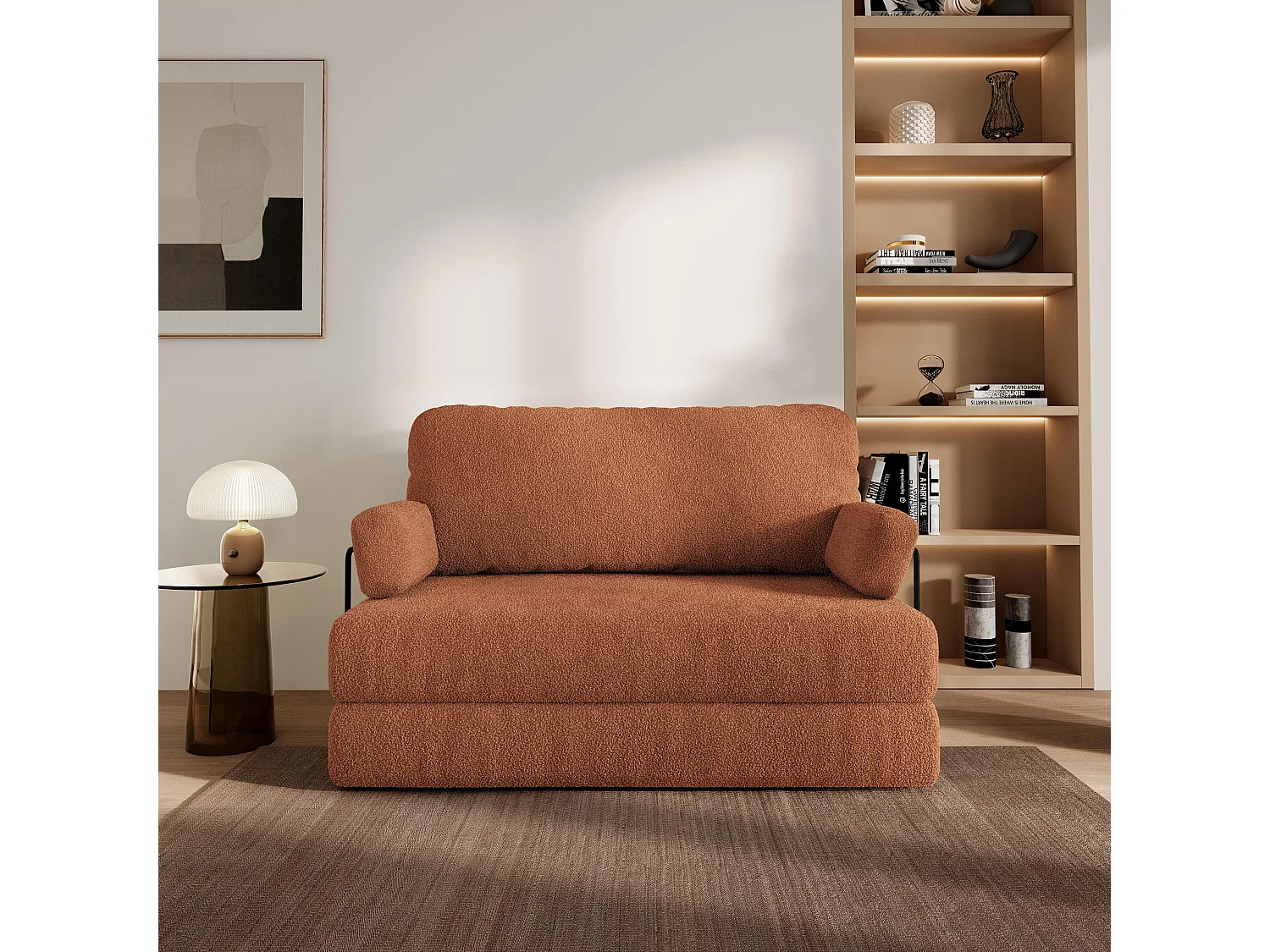 Canapé compressé KESTE avec cadre métallique, Tissu bouclé, Cuivré