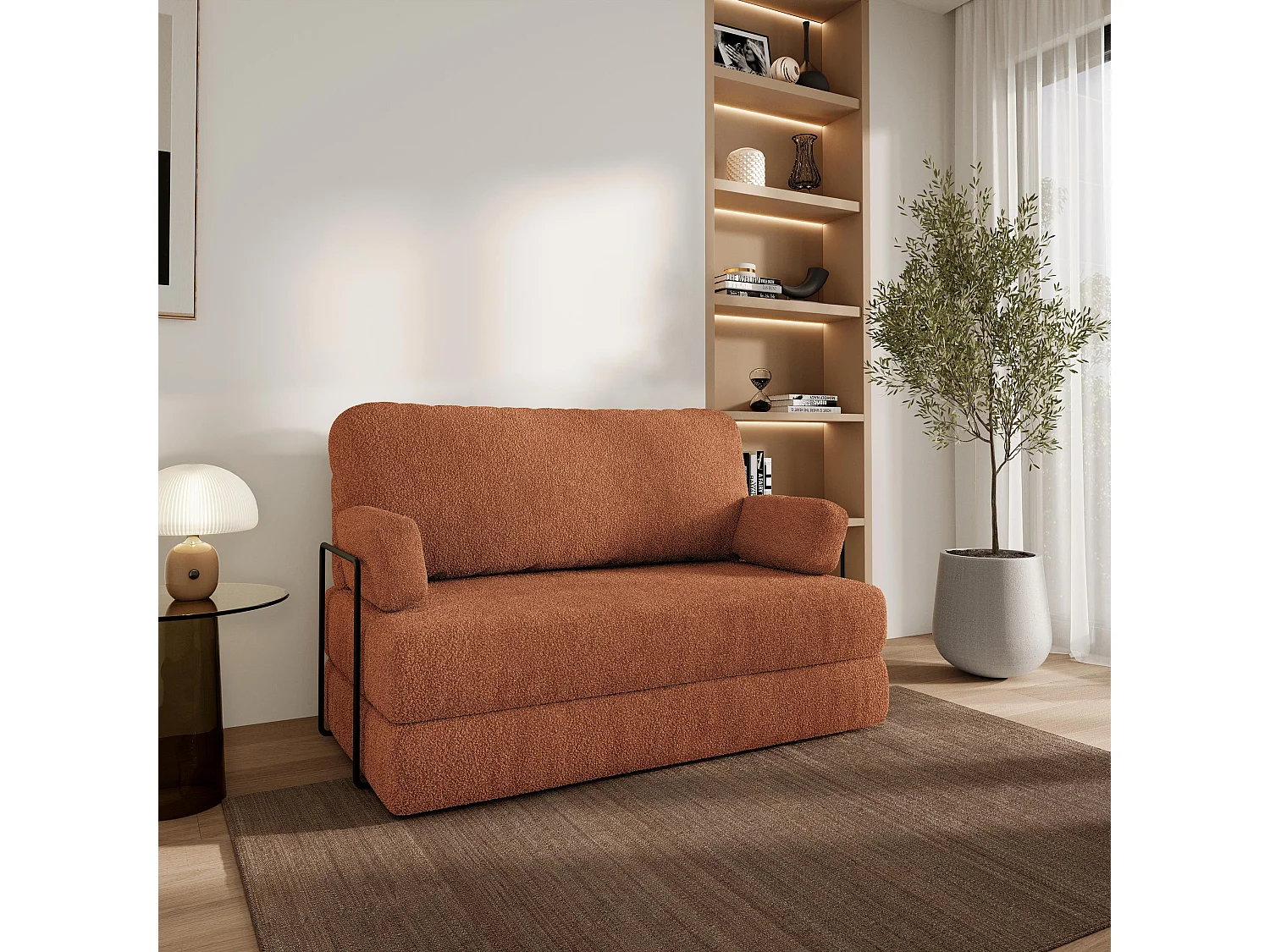 Canapé compressé KESTE avec cadre métallique, Tissu bouclé, Cuivré