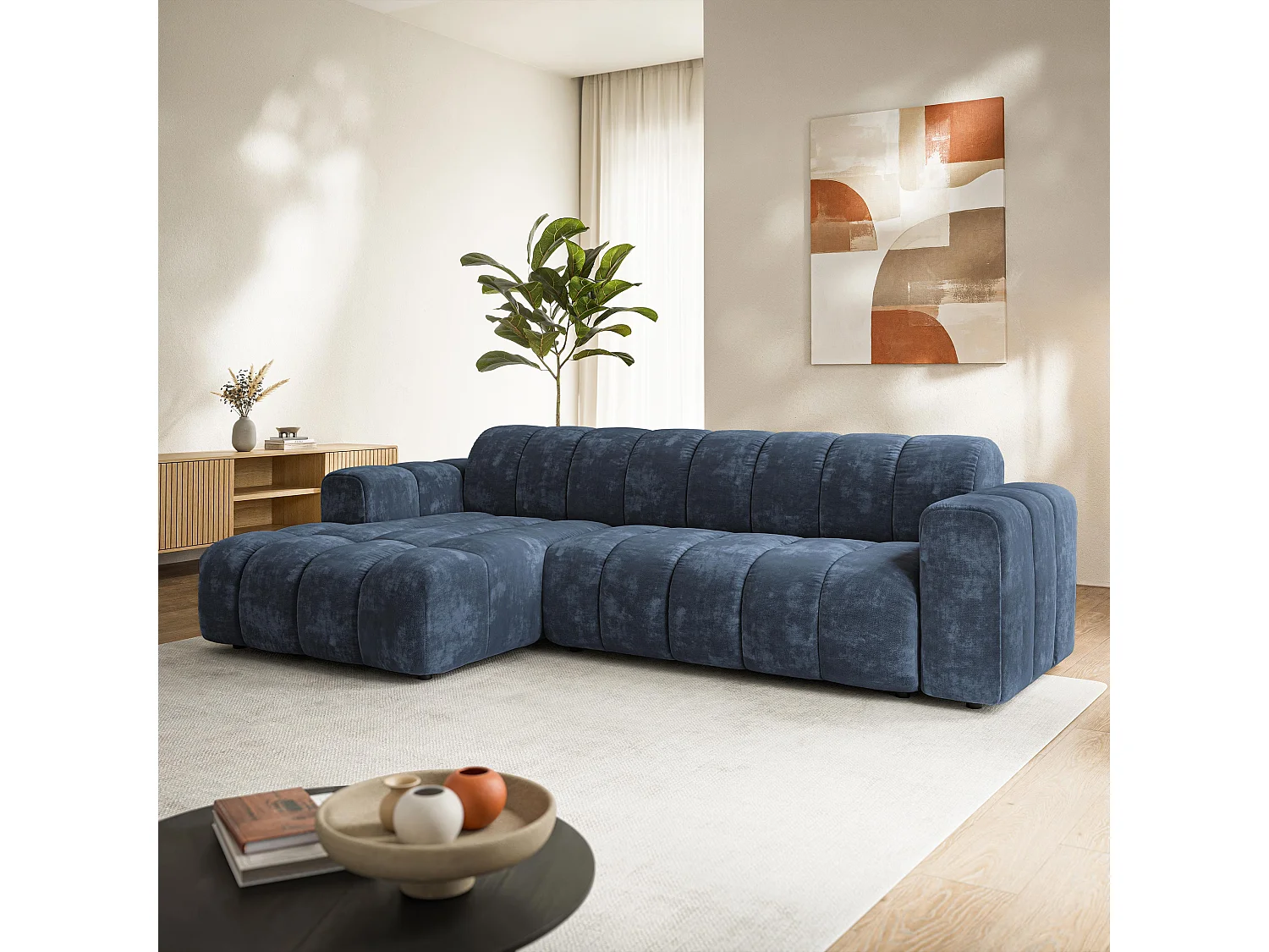 Canapé d'angle SETIA, Tissu chenille, Bleu