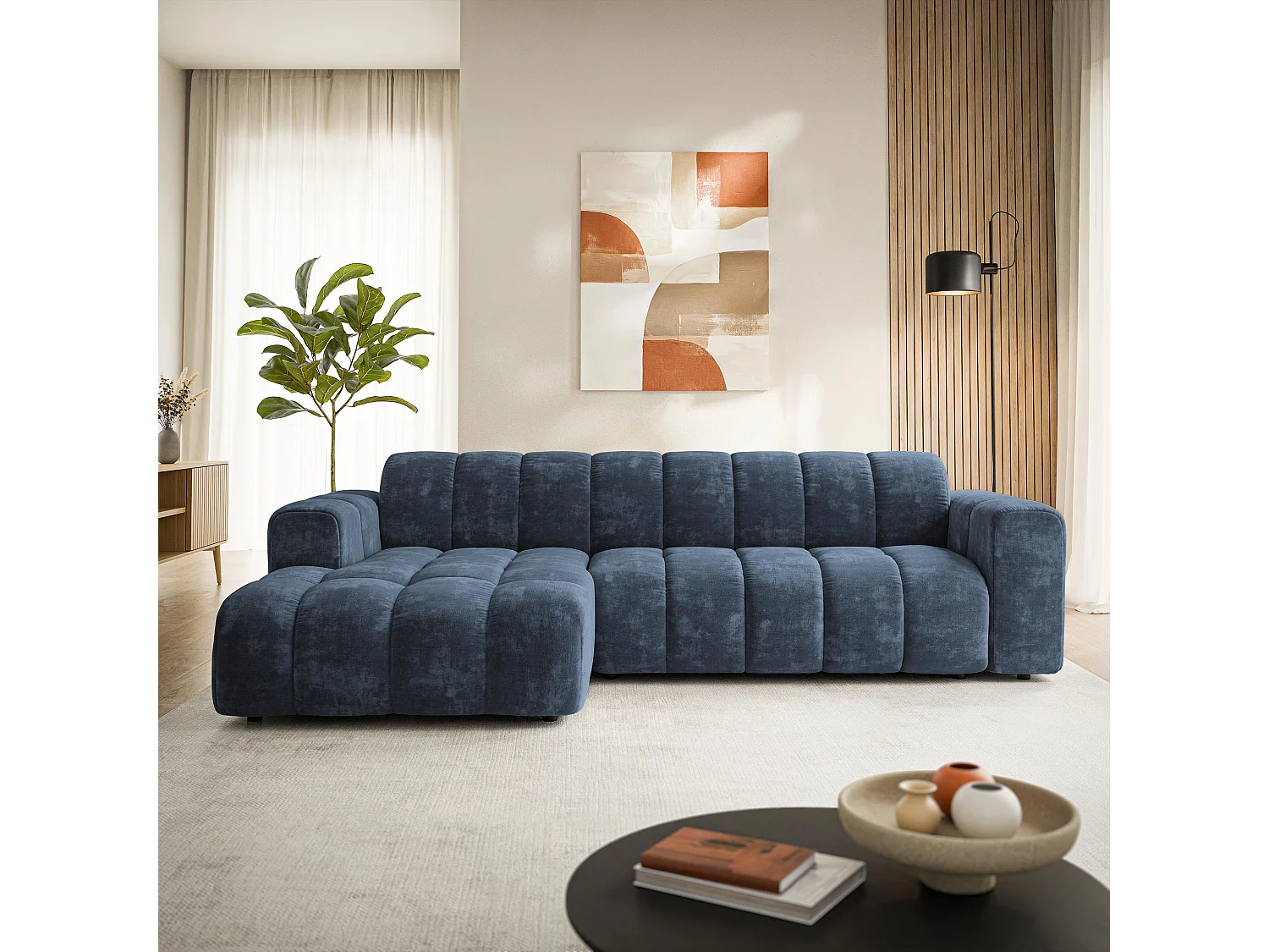 Canapé d'angle SETIA, Tissu chenille, Bleu