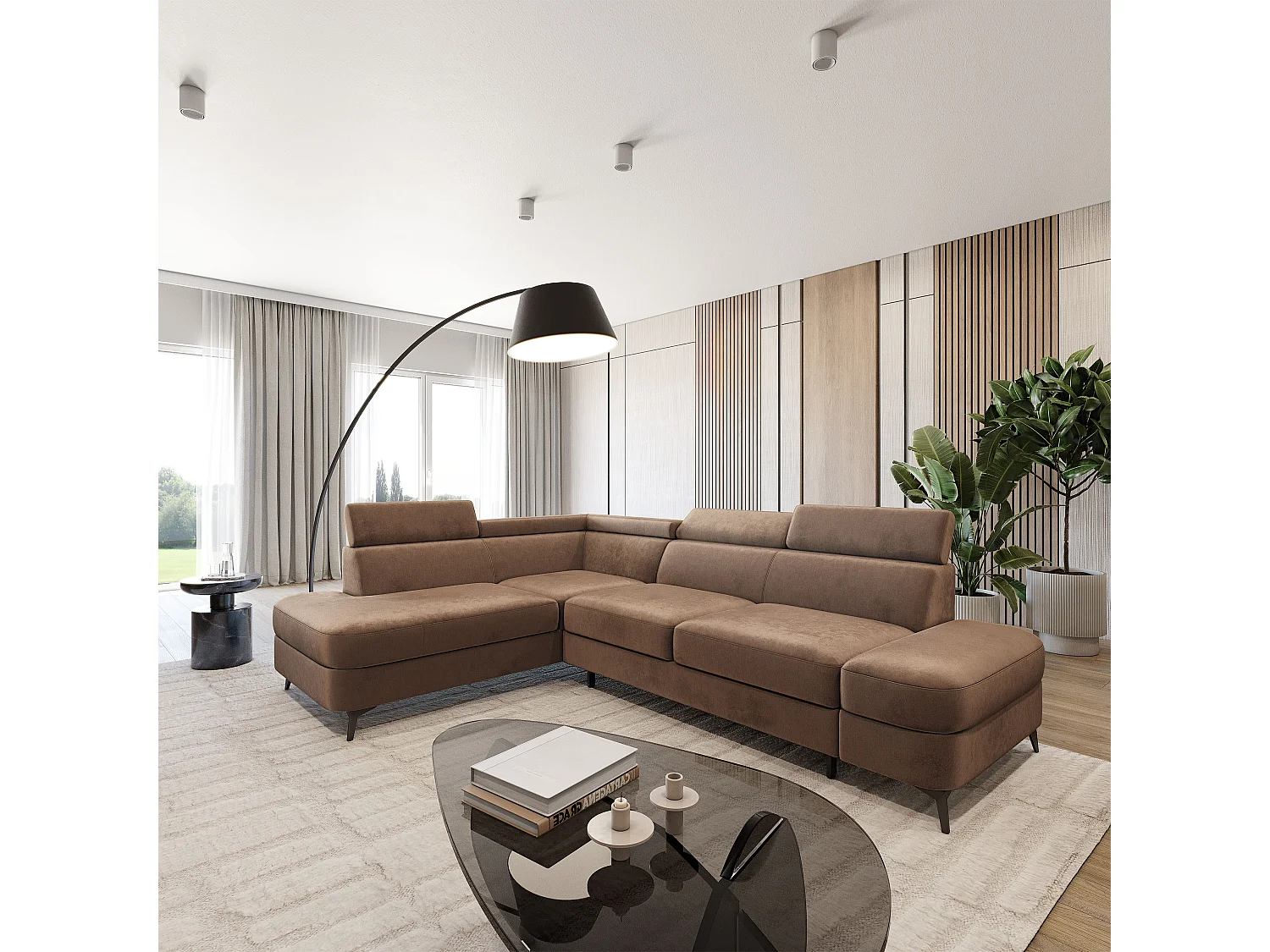 Hoekbank AVISE, met slaapfunctie, Veloursstof Beige